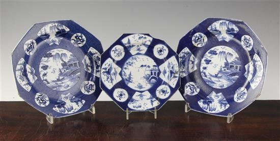 A pair of Bow powder blue ground octagonal plates and a similar smaller, c.1765, 7.75in. & 6.5in., smallest damaged